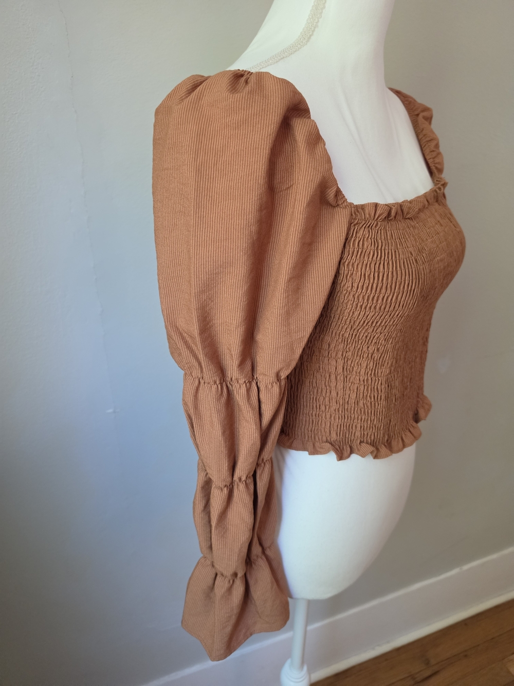 Smocked Square-Neck Crop Top in Caramel - Picture 3 of 9